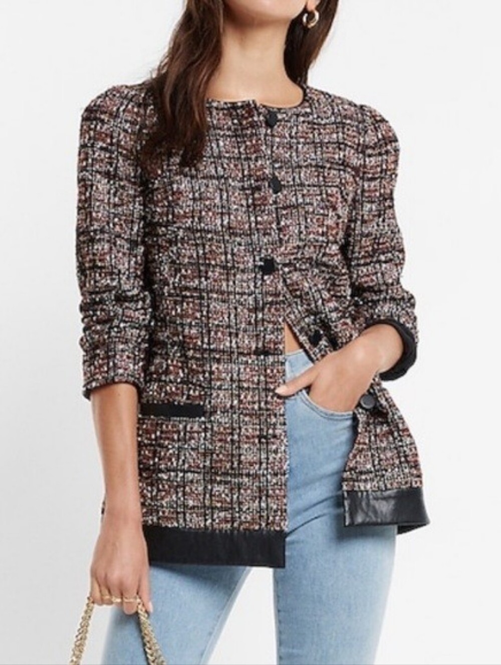Express Plaid Metallic Tweed Blazer Faux Leather Trim Red Gold Black Medium